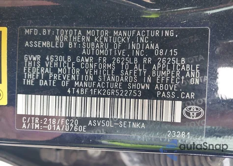 2016 Toyota Camry Le из США, поврежденный, VIN 4T4BF1FK2GR522753